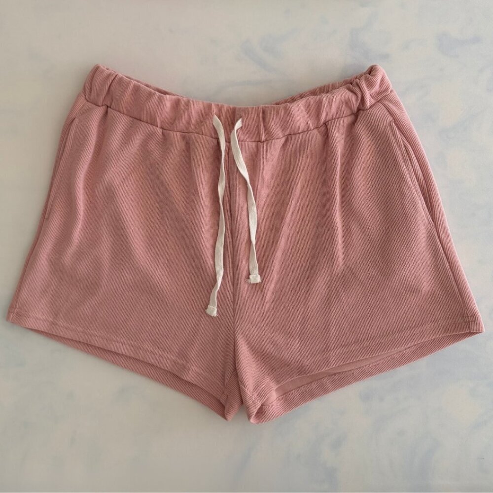 Dusty Pink Ribbed Long Sleeve 2 Piece Top & Drawstring Shorts Pajama Set - Picture 6 of 8